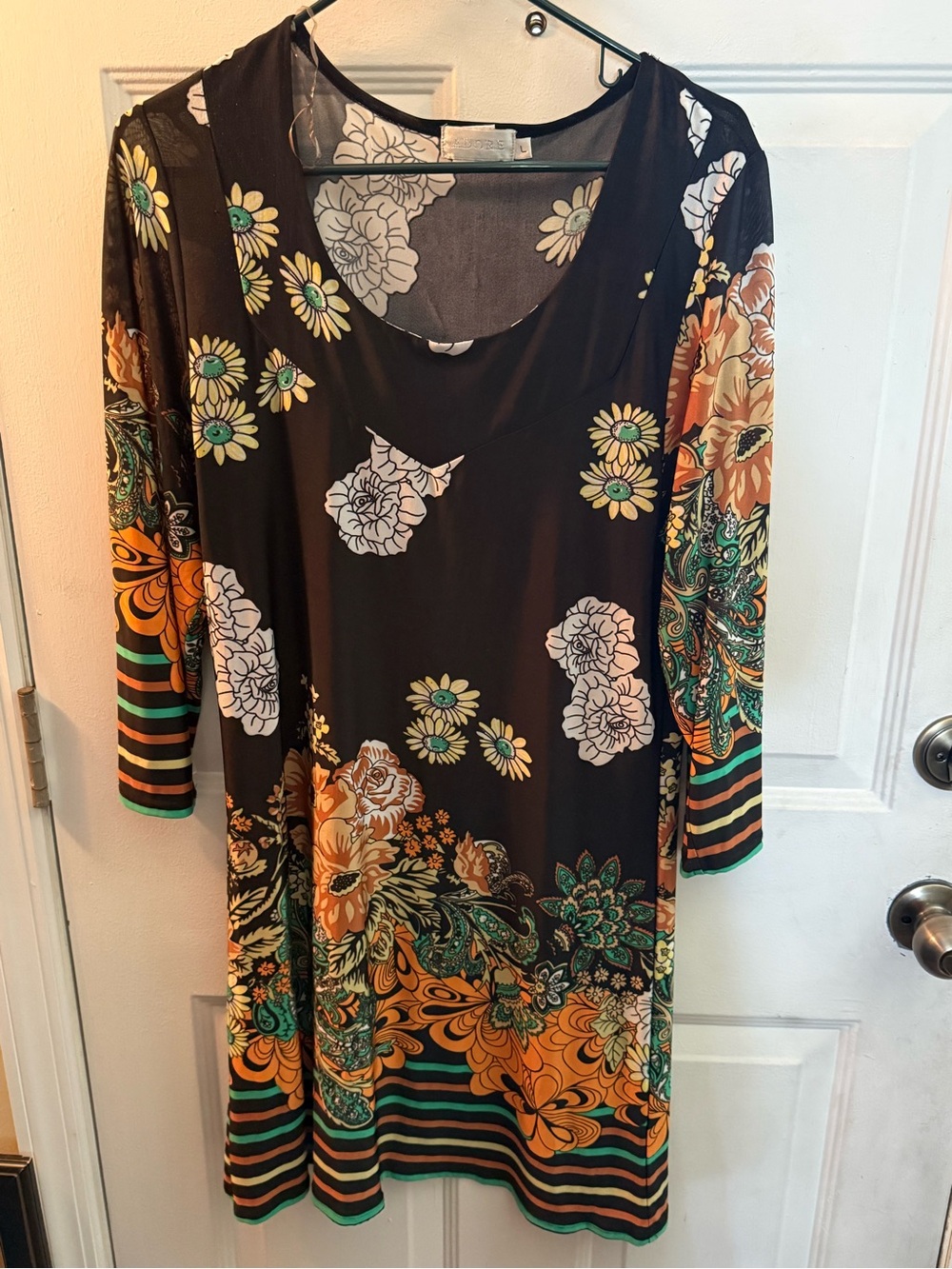 Adore Black Dress with Cream Floral Print and Teal Accents